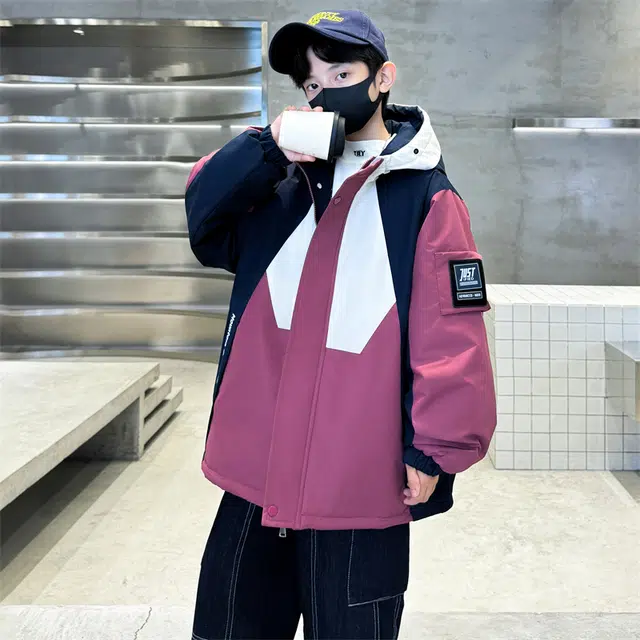雅鹿棉衣 拼色连帽拉链舒适百搭 藏青色 青少年