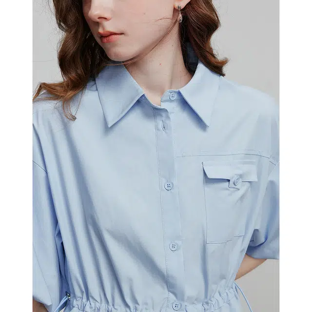 初语 纯色百搭简约抽绳收腰短袖连衣裙 女款 天蓝色