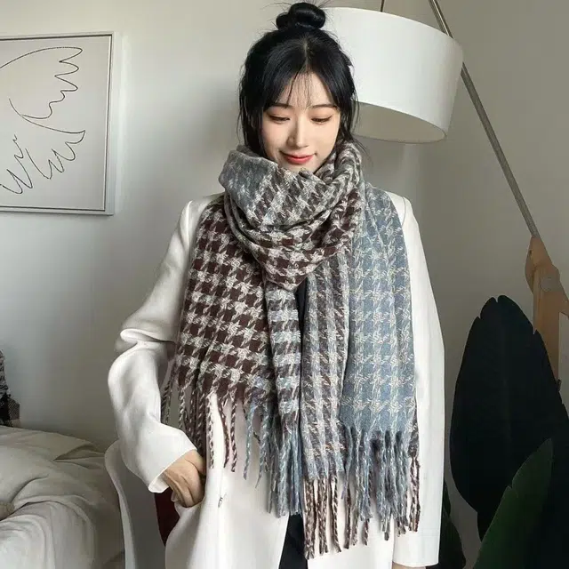 恩僾德 韩版流苏双面千鸟格加厚保暖 聚酯纤维 绒线围巾 男女同款情侣款