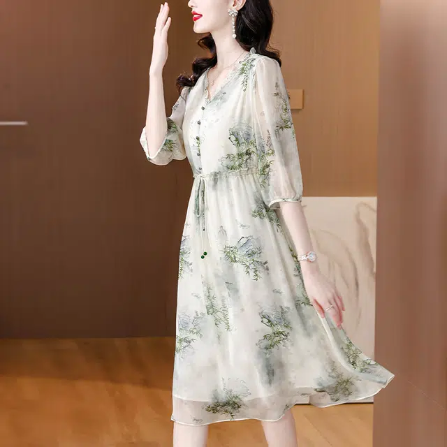 水中花 中年妈妈气质舒适简约优雅裙子短袖连衣裙 女款