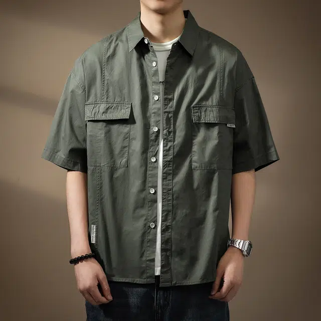 贵色 舒适慵懒薄款翻领百搭休闲衬衣美式时尚复古纯棉大码痞帅凉感冰丝工装短袖衬衫 男款