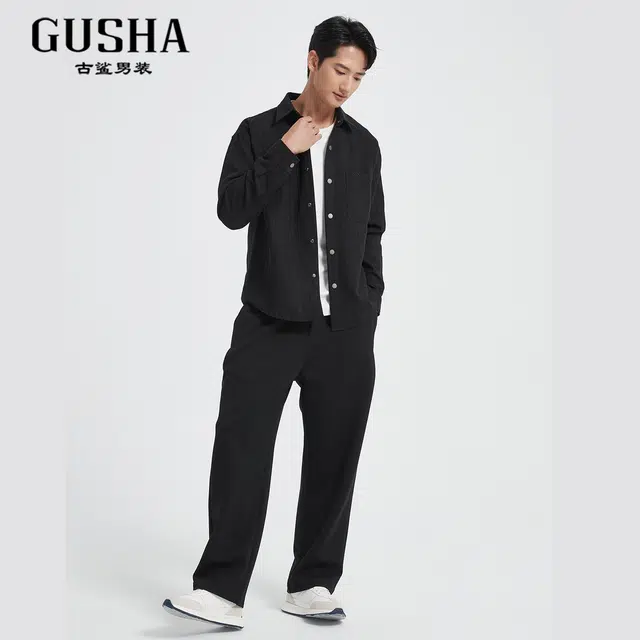 古鲨 宽松时尚商务通勤尖领长袖衬衫 男款