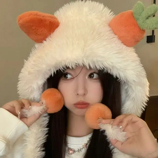 恩僾德 胡萝卜脑袋秋冬季百搭小众高颜值可爱毛绒骑行防寒保暖护耳卡通显脸小 聚酯纤维 绒线帽 男女同款情侣款