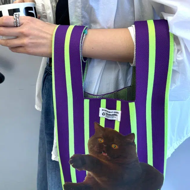 镜子动物园 可持续性设计环保撞色猫包上班通勤针织 涤纶 手提包 男女同款情侣款 紫色