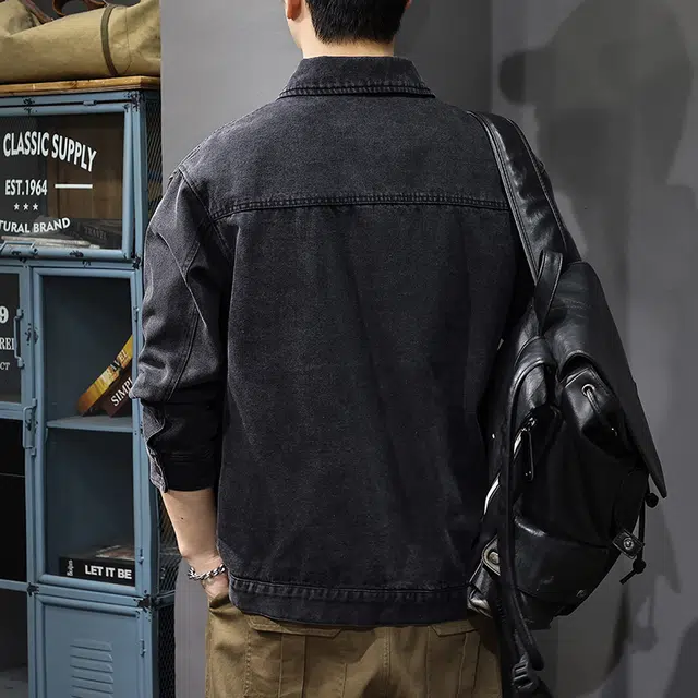 前进牛 秋季美式休闲经典复古潮牌军事风高街痞帅重磅水洗潮流百搭宽松翻领工装夹克牛仔外套 男款