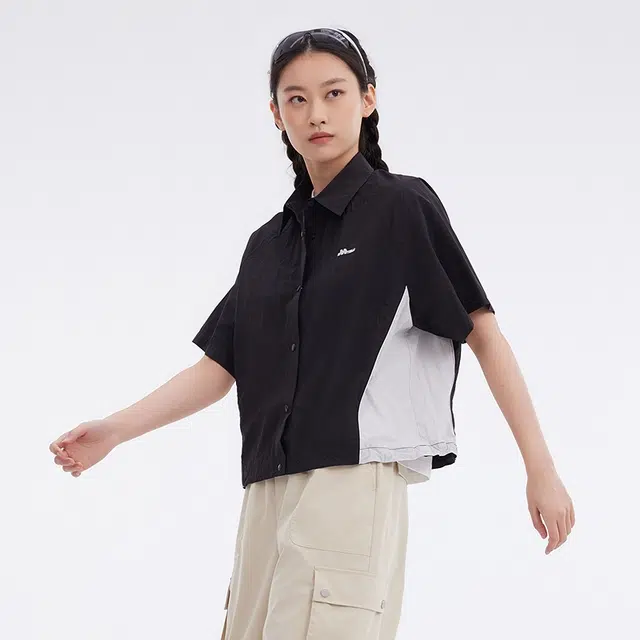 美特斯邦威 宽松舒适拼色短袖衬衫 女款