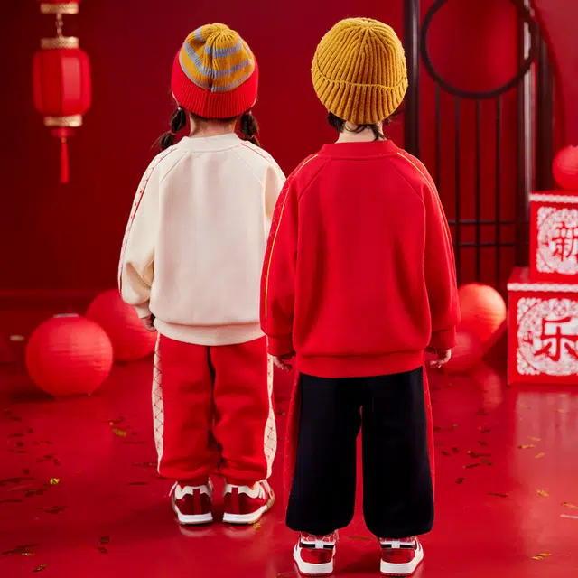 嘟嘟家 龙年系列 拜年服刺绣侧边条纹圆领套头卫衣束脚裤婴幼儿套装 婴童