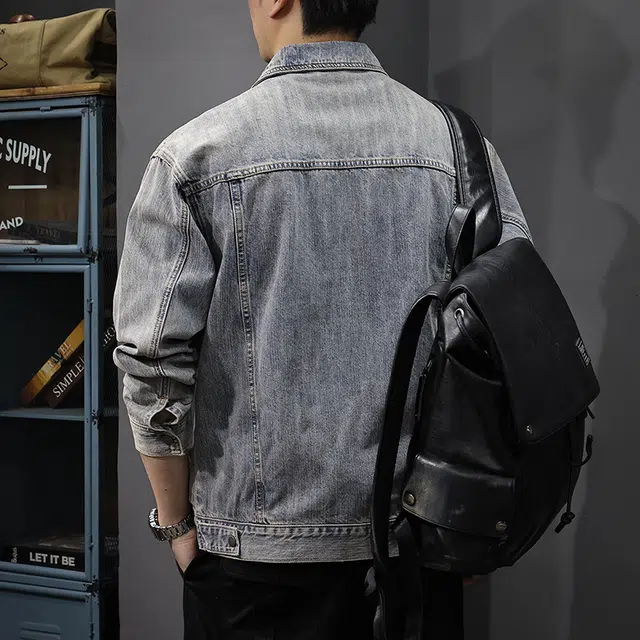 前进牛 美式休闲经典复古潮牌高街现代风翻领重磅竹节潮流高端水洗宽松大码多口袋工装牛仔外套 男款