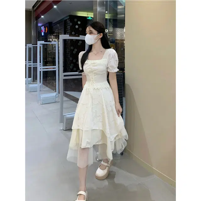 纤丝鸟 法式时尚优雅收腰设计蓬蓬大摆裙短袖连衣裙 女款