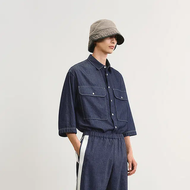 速写 宽松简约牛仔休闲七分袖衬衫 男款