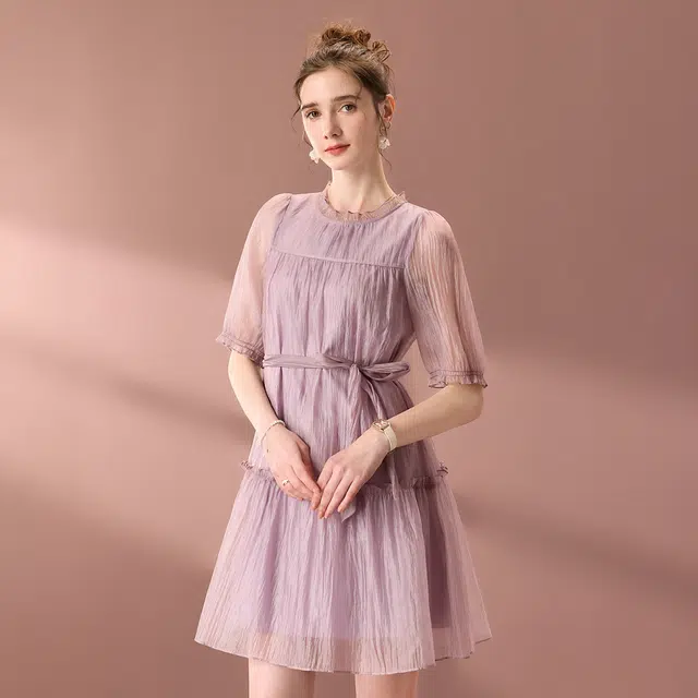 粉红玛琍 春,夏,秋 通勤简约纯色短袖连衣裙 收腰 女款 紫色