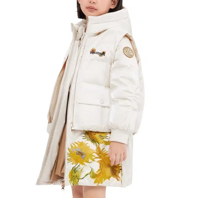 波司登羽绒服 梵高大师系列 防风保暖舒适长款 珠光白 青少年