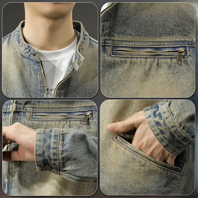 前进牛 秋季美式复古街头黄泥染重磅水洗短款夹克男机能风潮流嘻哈立领外穿秋冬休闲男牛仔外套 男款