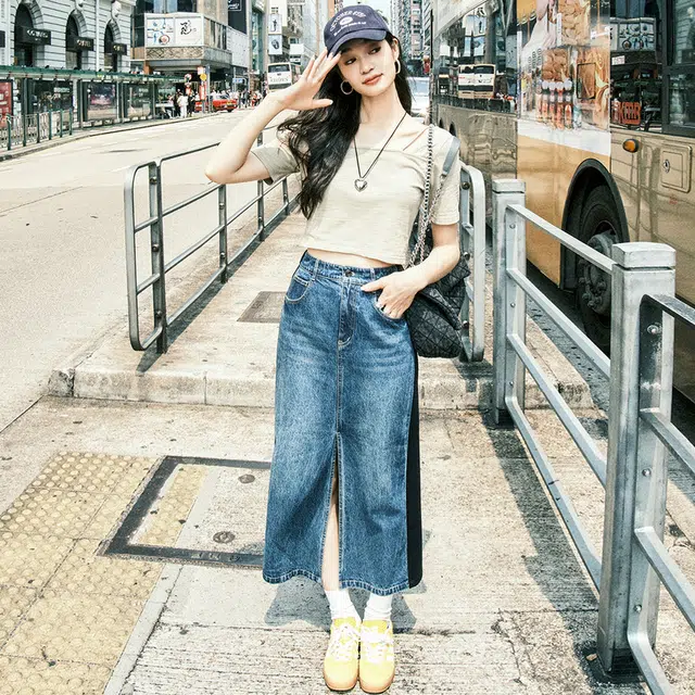 美洋 双生牛仔裙 小众拼接卫裙松紧腰前开叉直筒牛仔长裙 女款 蓝色
