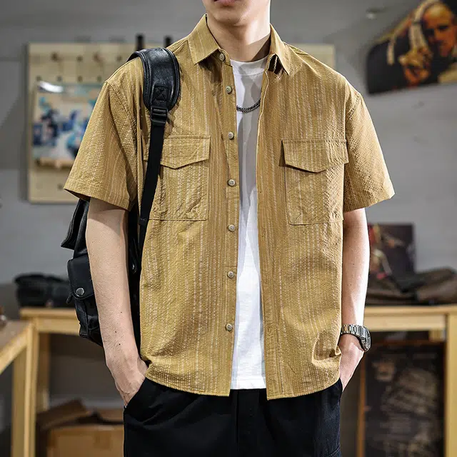 遨宇 美式高端休闲潮牌泡泡肌理感冰丝凉感衬衫男薄款户外痞帅休闲工装短袖衬衣 男女同款