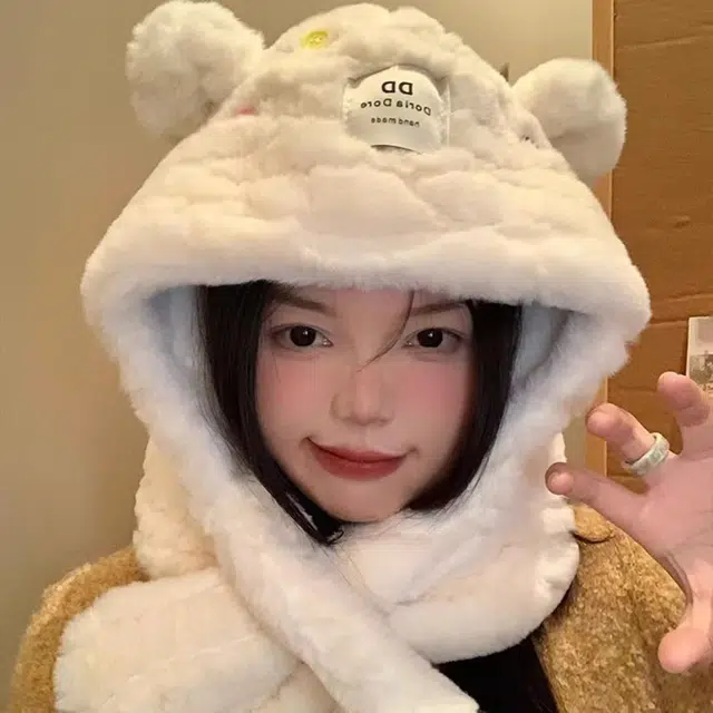 恩僾德 日系可爱小熊耳朵围巾一体显脸小高颜值两件套女冬季保暖百搭 涤纶 斗篷帽 男女同款情侣款