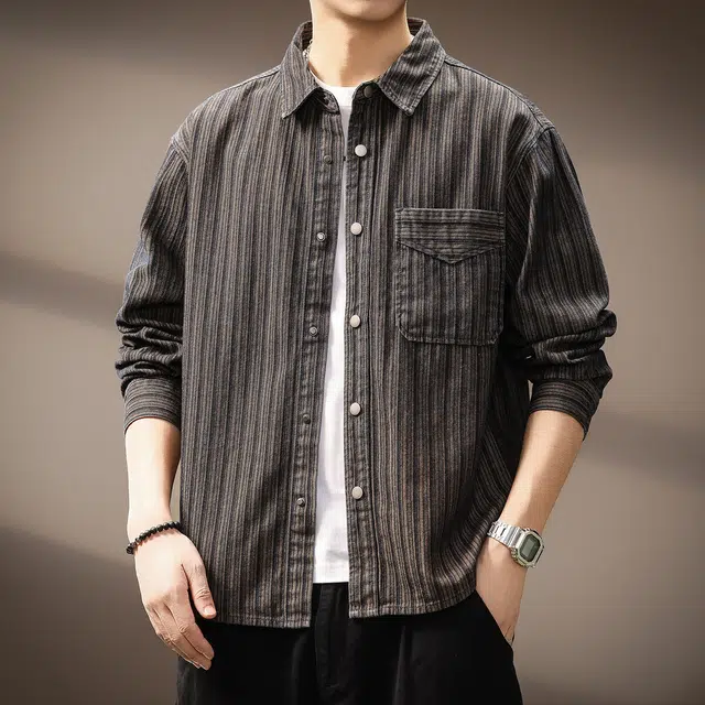 贵色 美式重磅复古时尚潮流条纹长袖工装风潮牌拼接口袋设计休闲百搭衬衫 男女同款
