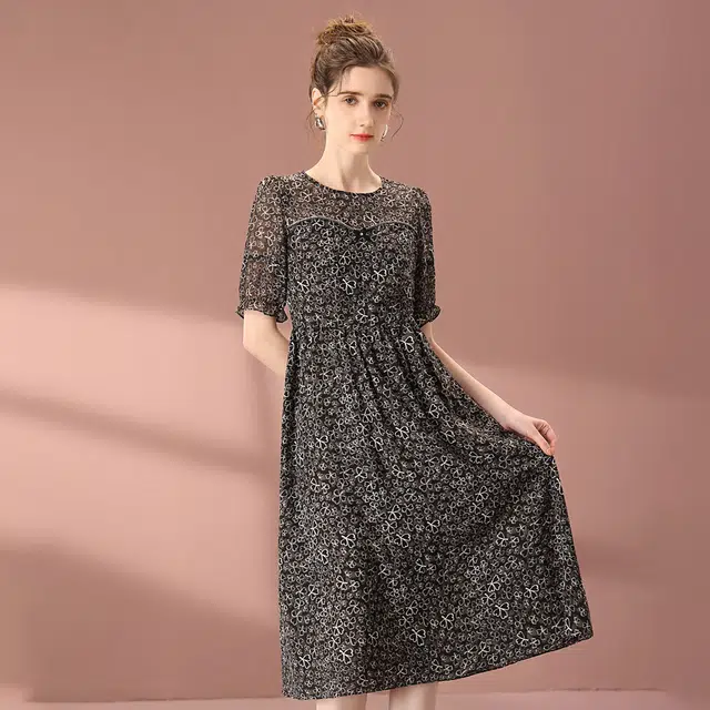 粉红玛琍 气质舒适时尚短袖连衣裙 女款 黑白花