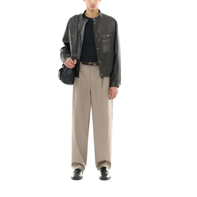 BESLOW VEGAN LEATHER STAND COLLAR JACKET