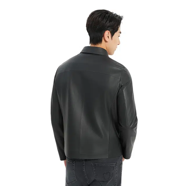 利郎 商务休闲纯色翻领质感简约短款修身秋季皮衣 男款