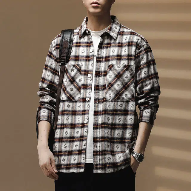 贵色 百搭美式复古格子纯棉长袖衬衫 男女同款