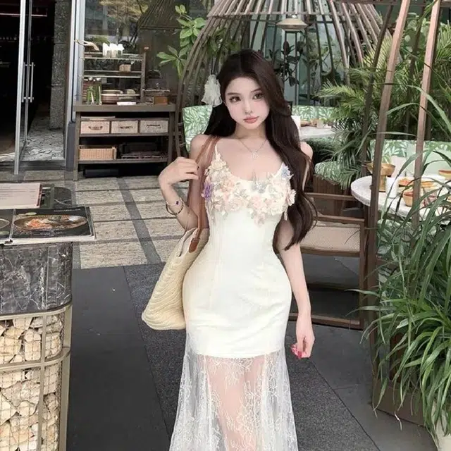水中花 精致轻熟风蕾丝鱼尾吊带连衣裙 女款