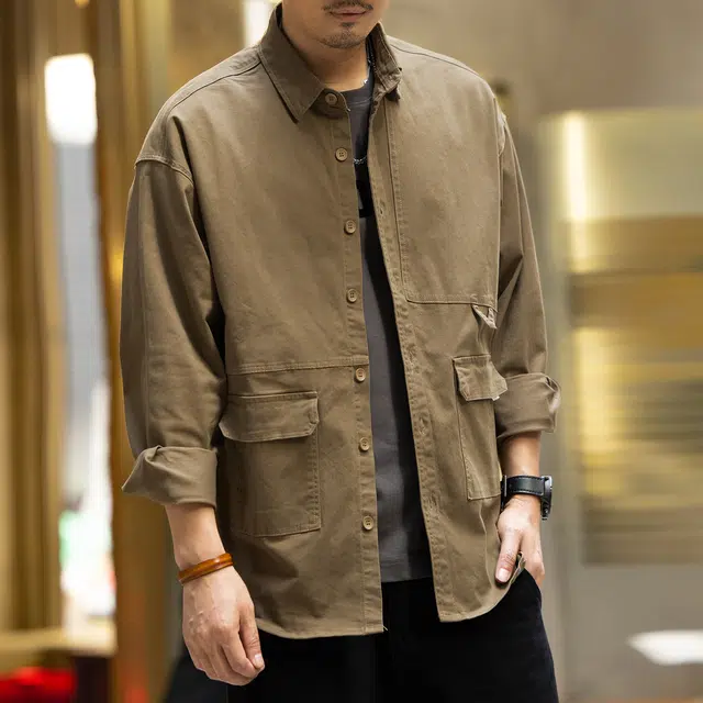 格蓝鹿 夏季 纯色纯棉休闲耐磨做旧痞帅机能工装经典美式复古日常上班通勤翻领长袖衬衫 宽松型 男女同款