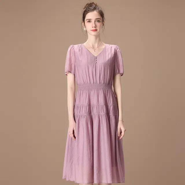 粉红玛琍 春 抽褶短袖连衣裙 收腰 女款 紫色