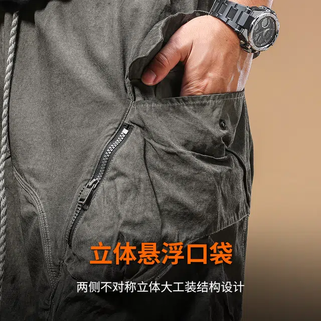 季言 美式复古潮牌痞帅高级感宽松五分裤潮牌工装短裤 男款