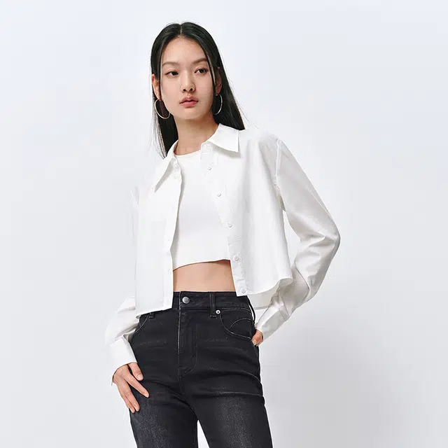 太平鸟 简约短款衬衫截短式小衫上衣 女款 白色