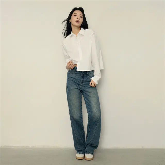 佐丹奴 韩国款纯棉刺绣短款梭织休闲长袖衬衫 女款