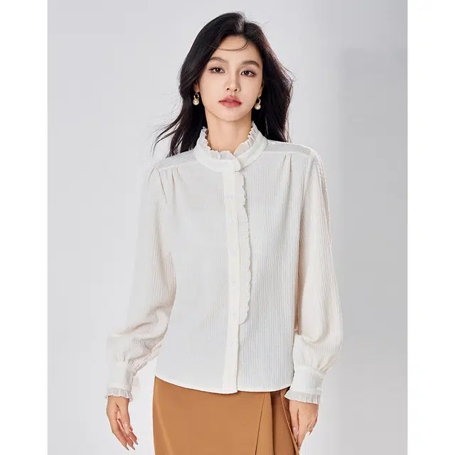爱依莲 百搭气质立领木耳边小众设计感长袖设计感上衣衬衫 女款 米白色