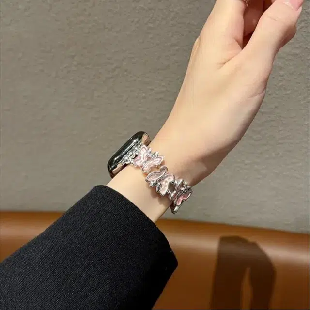老佳 苹果适用 手表表带 金属材质 蝴蝶金属弹力一体表带男女通用
