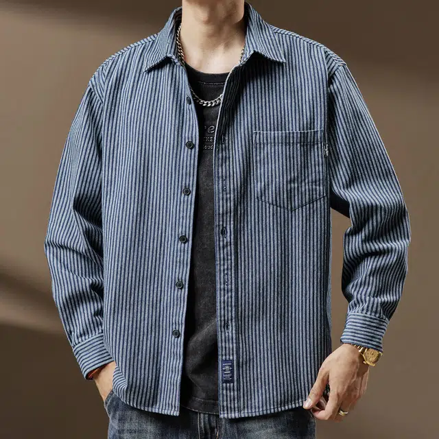 贵色 休闲百搭牛仔翻领帅气大码美式复古条纹潮流百搭叠穿蓝色长袖衬衫 男女同款