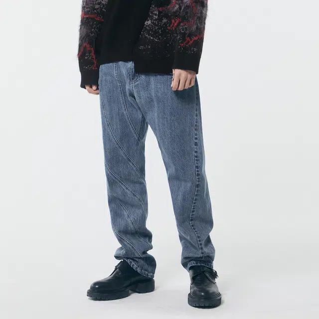 速写 不对称棉质直筒牛仔长裤 男女同款