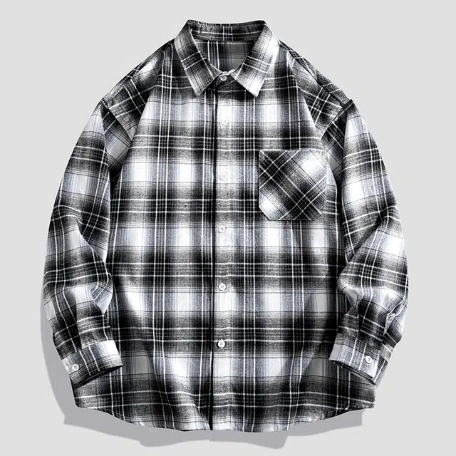 金盾 美式撞色格子宽松长袖衬衫 男女同款