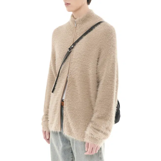 BESLOW HAIRY KNIT HIGH NECK ZIP-UP