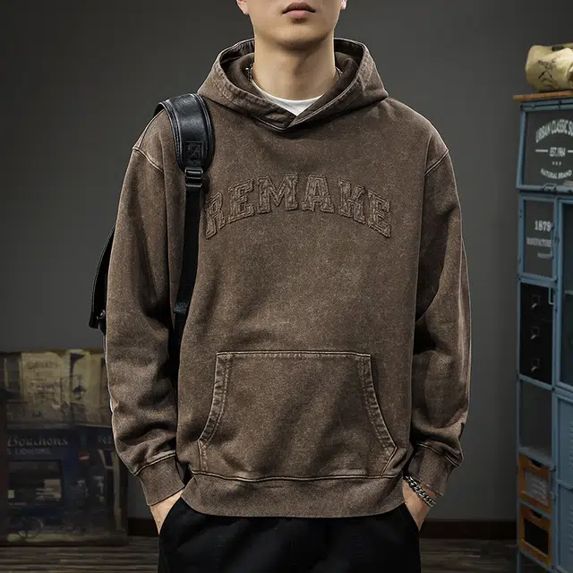 前进牛 美式经典复古潮流痞帅水洗贴布极简风连帽重磅宽松上衣户外休闲潮牌卫衣 男款