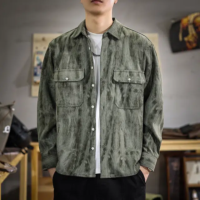 遨宇 美式复古潮牌印染水洗灯芯绒长袖宽松重磅休闲户外衬衫 男女同款