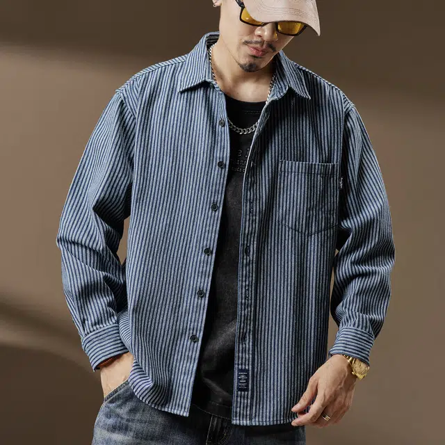 贵色 休闲百搭牛仔翻领帅气大码美式复古条纹潮流百搭叠穿蓝色长袖衬衫 男女同款