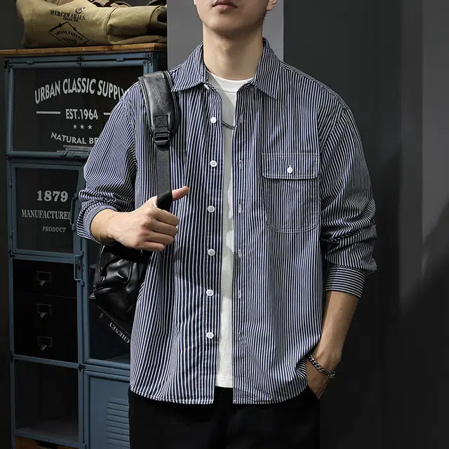 前进牛 美式休闲轻商务高端复古条纹长袖男士休闲百搭衬衫 男女同款