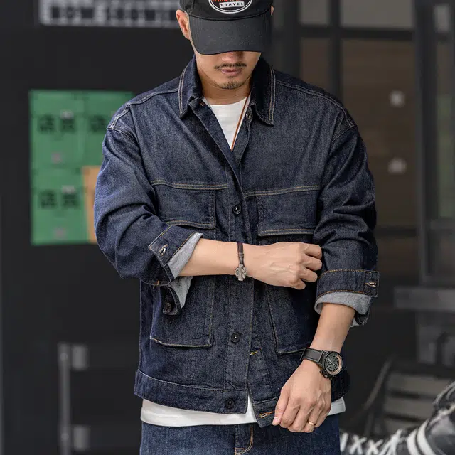 格蓝鹿 高质量潮流休闲纯色帅气公式复古丹宁赤耳夹克外套 男女同款 蓝色