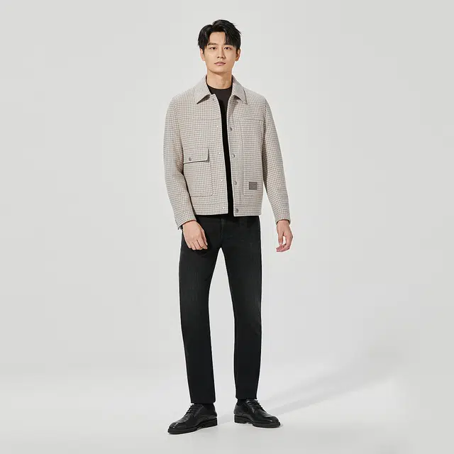 利郎 纯绵羊毛保暖翻领千鸟格质感百搭短款冬季大衣 男款