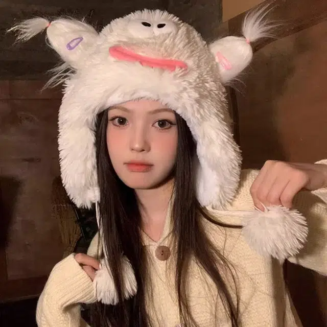 恩僾德 日系可爱大嘴萌丑搞怪保暖护耳显脸小防寒加厚套头潮 聚酯纤维 帽子 男女同款情侣款