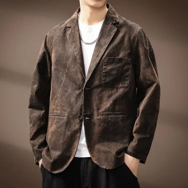 贵色 雅丹风复古水洗平驳领斑驳外套美拉德潮牌重工轧染贴袋西装 男女同款