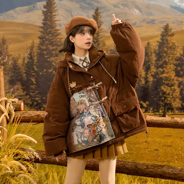 Sen Female Tribe Melard Vintage Oil Painting Series Down Jacket Brown