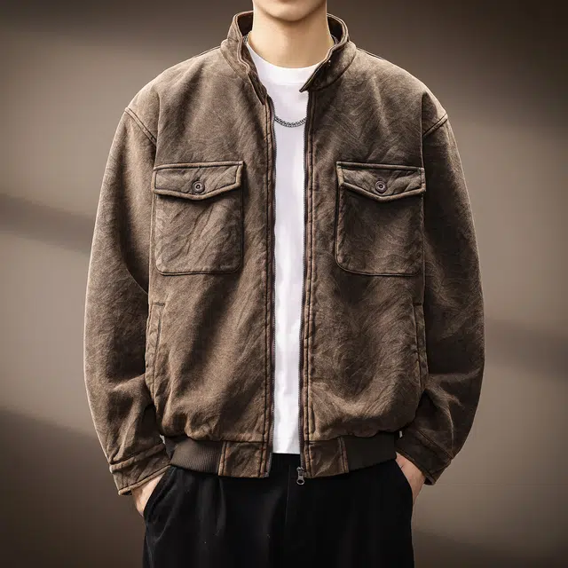 贵色 美式高端复古斑马纹高街风工装立领时尚都市痞帅洗褪蜡感皮夹克 男女同款