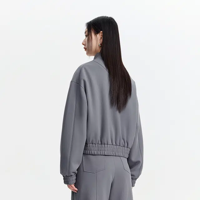 太平鸟 仿麂皮绒立领撞色截短外套 女款 灰色