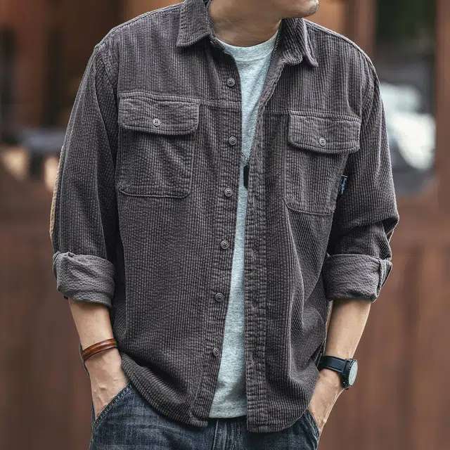 格蓝鹿 基础简约潮牌休闲松弛感复古工装高级感咖啡色灯芯绒版型天花板长袖衬衫 男女同款