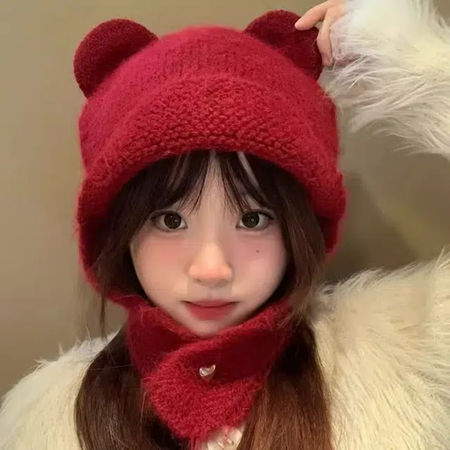 恩僾德 减龄可爱秋冬季小熊针织套头帽骑行护耳防寒保暖百搭大头围显脸小 聚酯纤维 绒线帽 男女同款情侣款